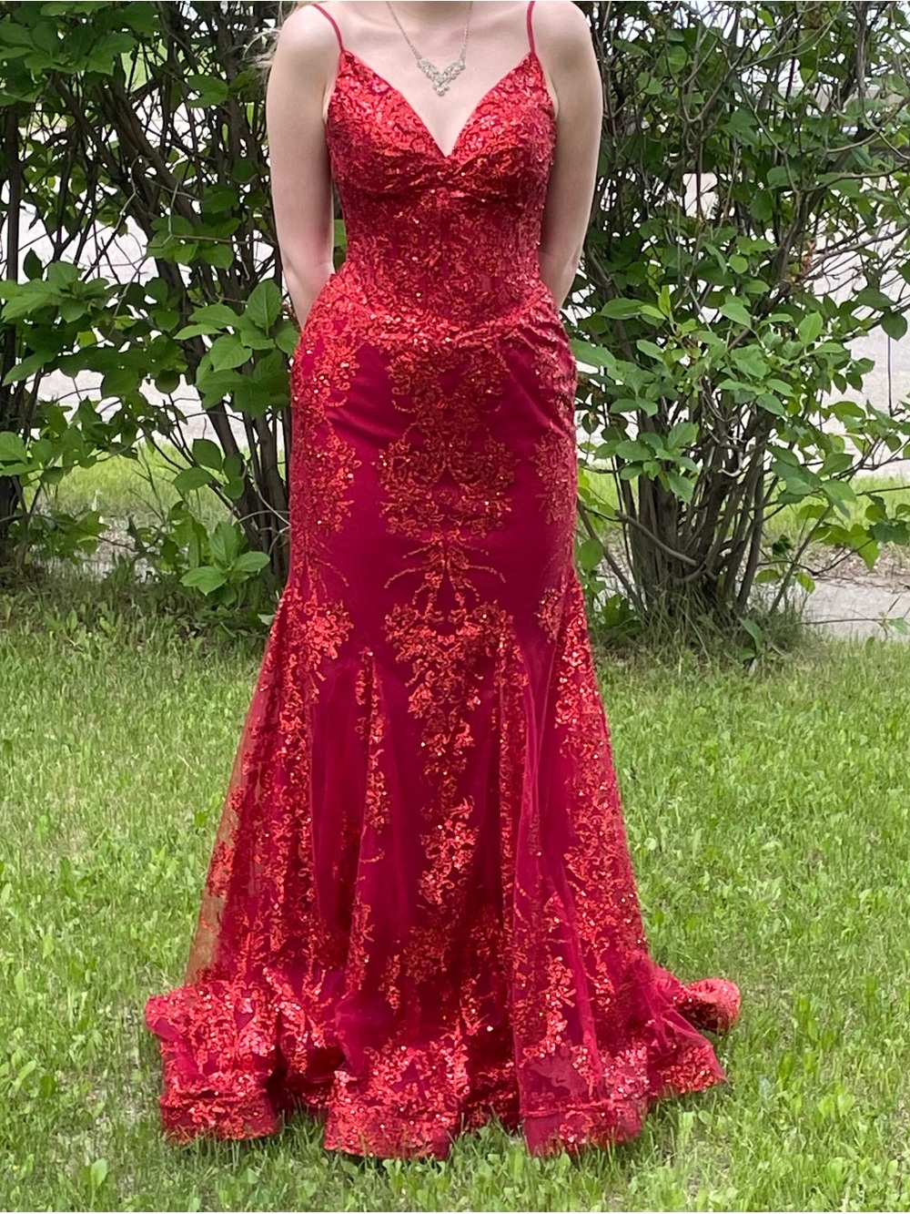 Red Sequin Appliqué Prom Dress with Spaghetti Straps